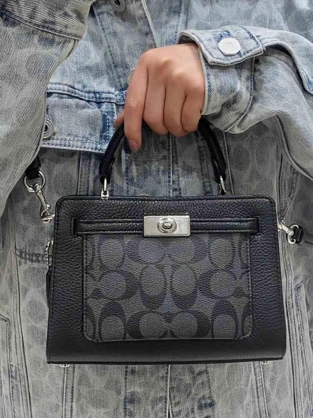 Coach Mini Lane Top Handle In Signature Canvas Graphite Black